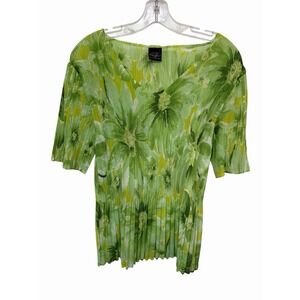 Magic Scarf Womens Green Floral Micro‎ Pleated Top OS Artsy Maximalist Tropical